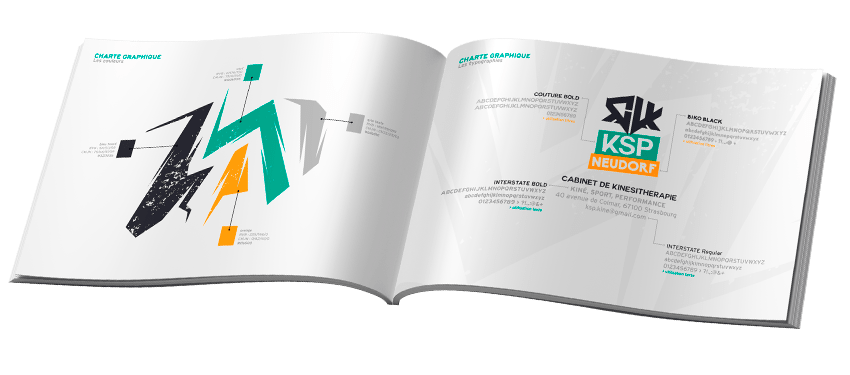 Mockup de la charte graphique du cabinet de kinésithérapie KSP NEUDORF.