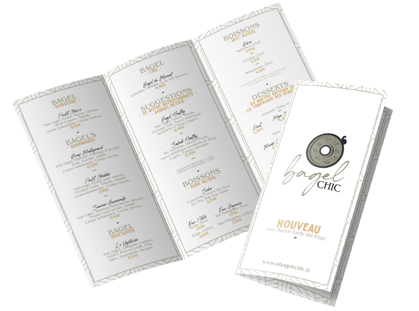 Présentation du dépliant 3 volets d'O'BAGEL CHIC.